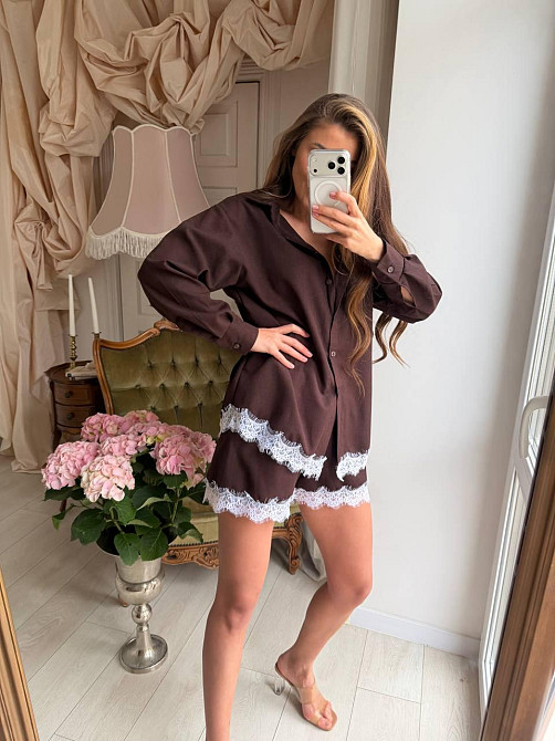 Женский стильный летний льняной костюм с кружевом Шоколад, 48/50 Одесса - изображение 5