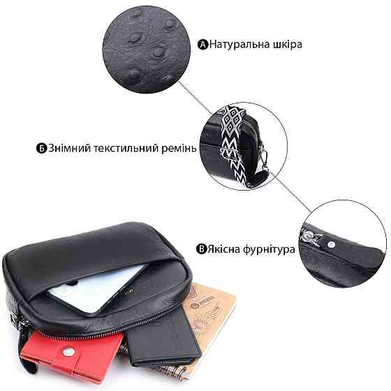 Фактурная сумка для женщин из натуральной кожи Vintage 22659 Черная Киев