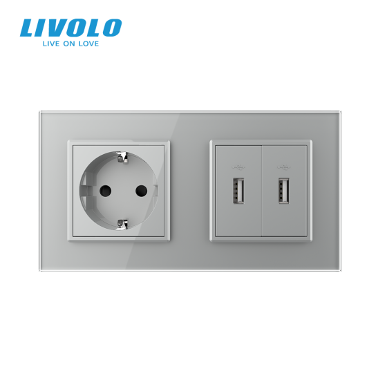 LIVOLO Розетка з заземленням з 2 USB розетками Livolo сірий скло (VL-C7C1EU2USB-15) Коломия