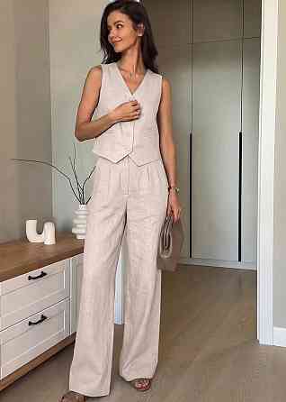 Жіночий стильний літній костюм-двійка льон Бежевий, 46/48 Одеса