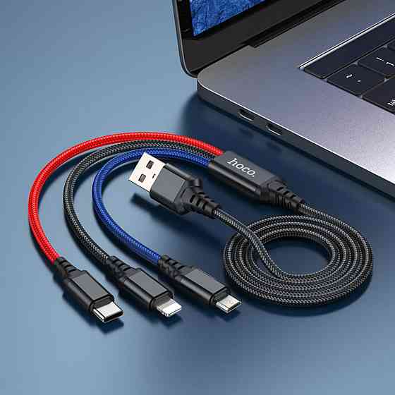 Кабель HOCO X76 USB to iP+Type-C+Micro 2A, 1m, nylon, aluminum connectors Black+Red+Blue Киев