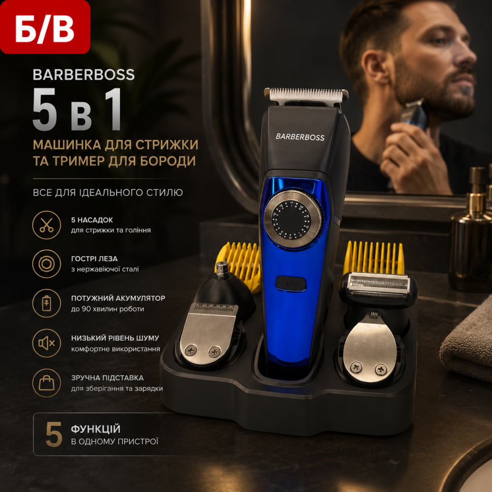 Машинка для стрижки волосся / Тример для бороди BarberBoss 5 в 1 для носа, вух, волосся, бороди та тіла Б/В Київ - фото 1