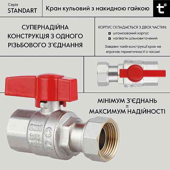 Кран кульовий Thermo Alliance Standart 3/4" ВВ прямий, PN40, з накидною гайкою TAS260W20 Київ