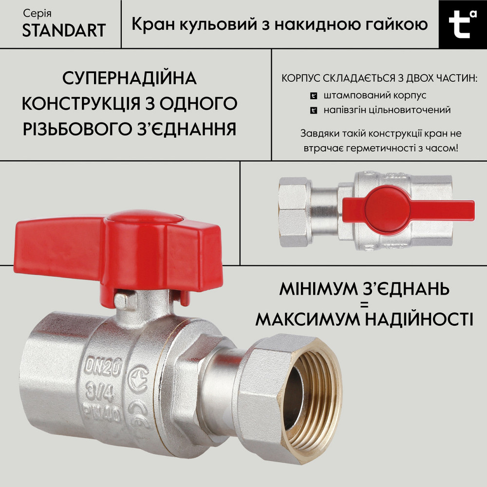 Кран кульовий Thermo Alliance Standart 3/4" ВВ прямий, PN40, з накидною гайкою TAS260W20 Київ - фото 3