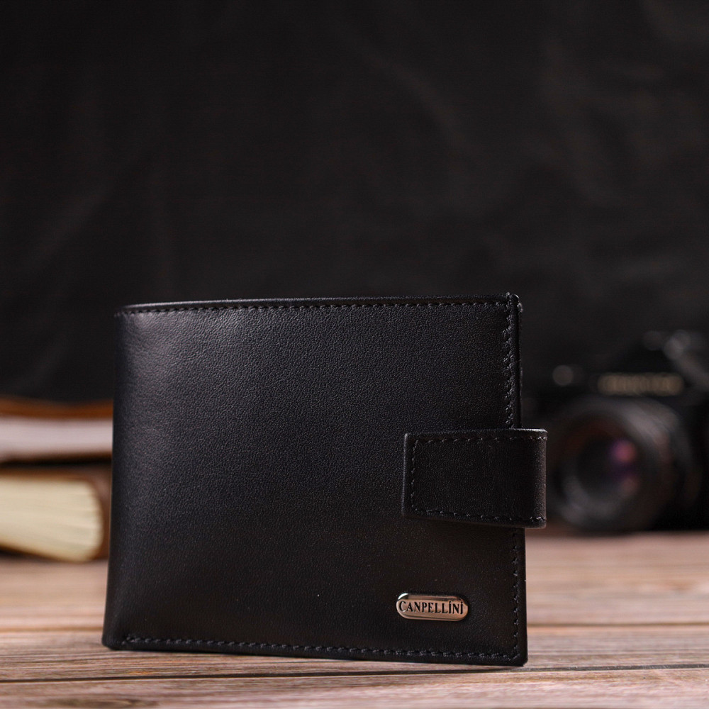 Класичне портмоне для чоловіків з натуральної гладкої шкіри Чорне (CANPELLINI) Київ - фото 3