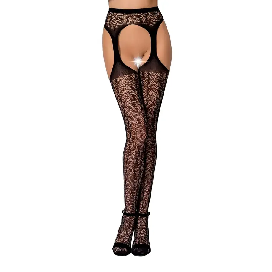 Мереживні колготки-бодістокінги Passion S014 One Size, Black, імітація панчіх та пояса з гартерами Львов - изображение 1