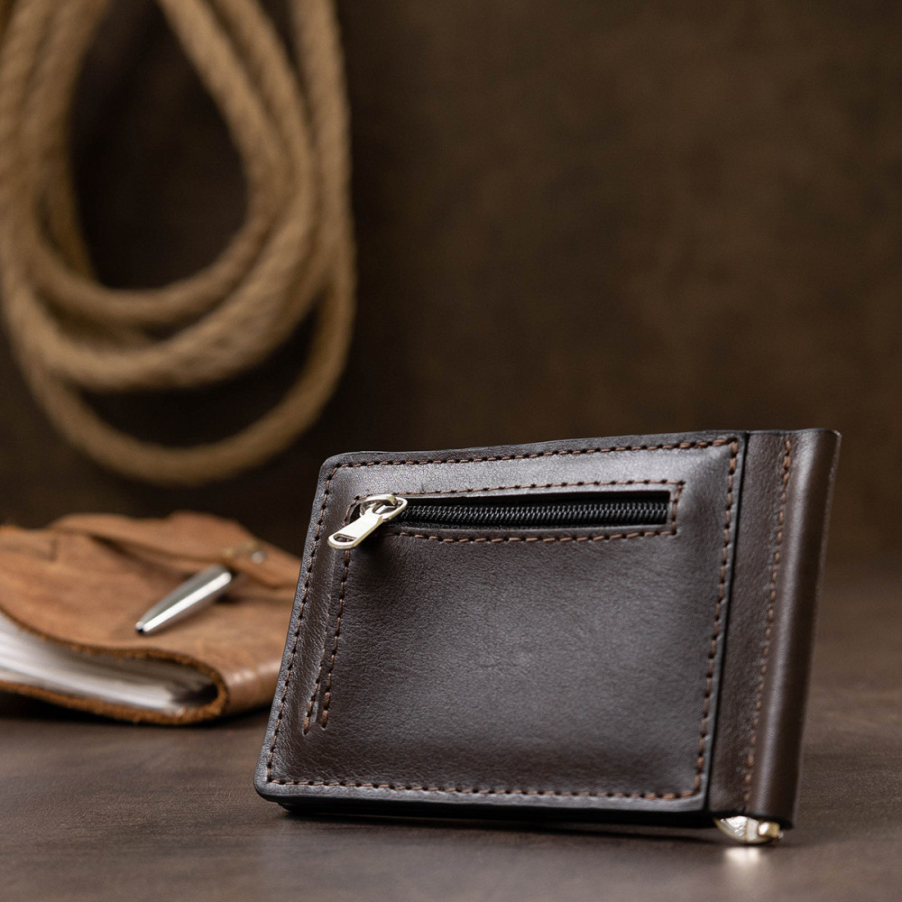 Кожаный мужской зажим для денег с монетницей GRANDE PELLE 11547 Коричневый Киев - изображение 8