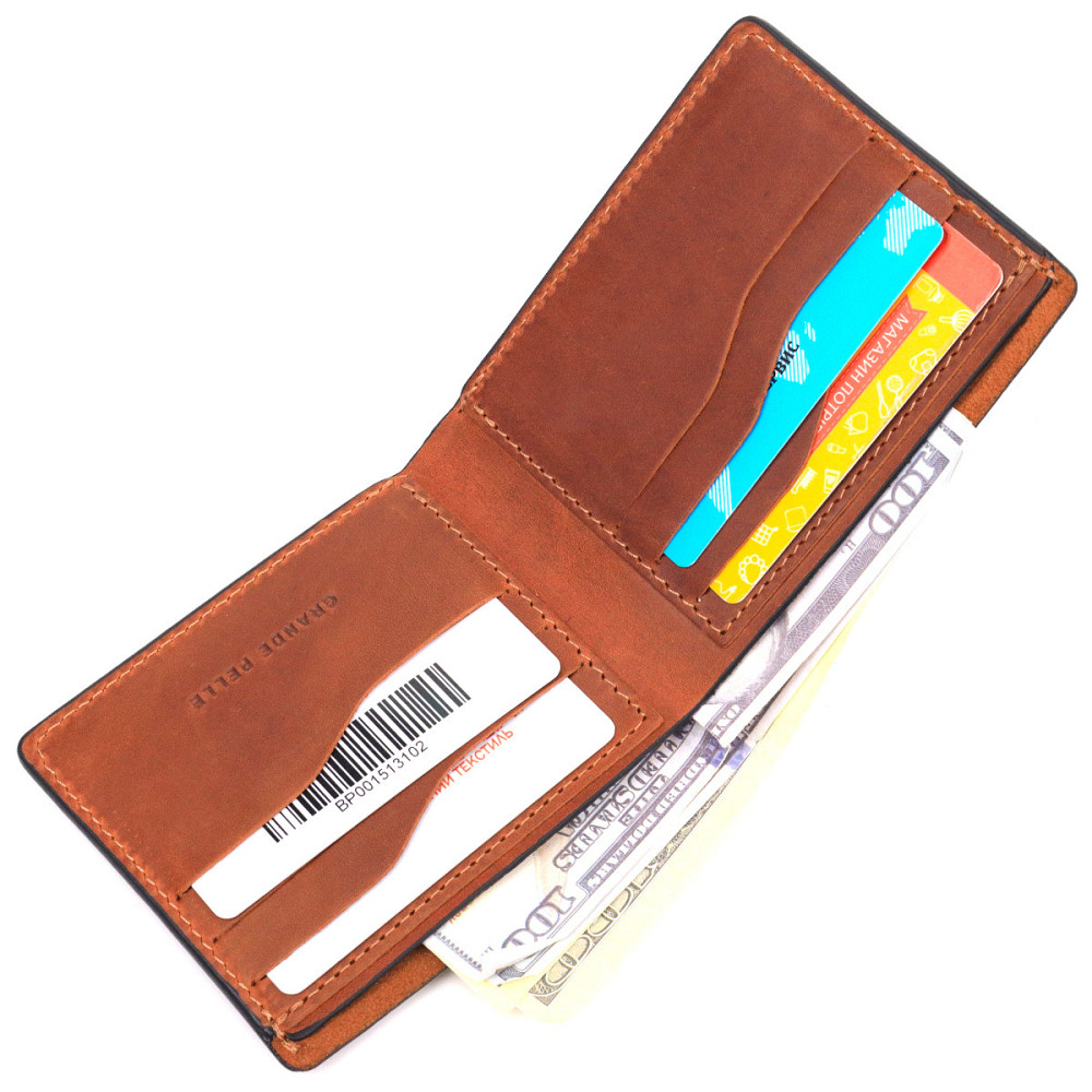 Вместительный мужской кожаный кошелек в два сложения Светло-коричневый (GRANDE PELLE) Киев - изображение 10