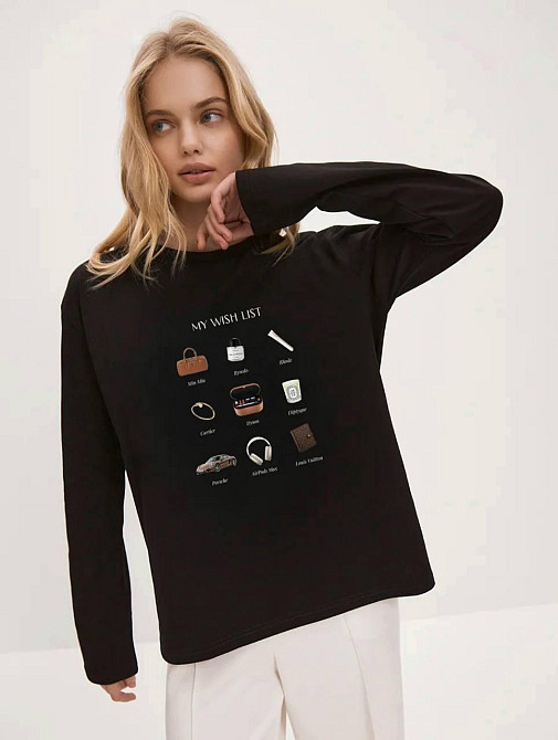 Жіночий лонгслів оверсайз із накатом "MY WISH LIST" турецький кулір Чорний Одеса - фото 2