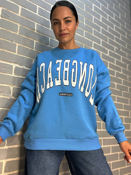 Свитшот женский Quzen 488 надпись впереди long beach флис утепленный голубой, голубой, L Киев - изображение 9