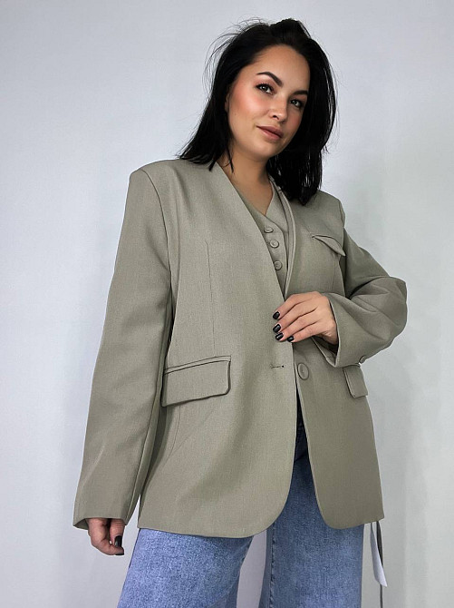 Пиджак женский Qidian 9329 двойка имитация жилетки оверсайз свободный широкий крой one size, бежевый, one size Киев - изображение 8