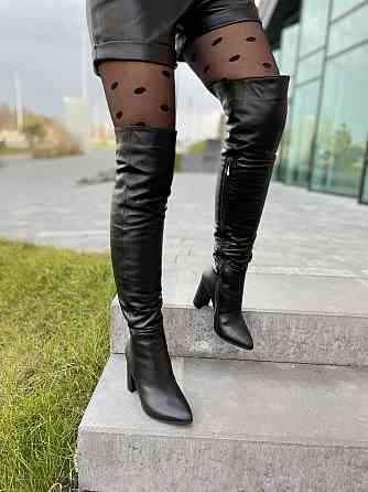 Nivelle Ботфорти демісезонні жіночі з натуральної шкіри чорні на підборах 5493 / Чоботи весна-о Коломия