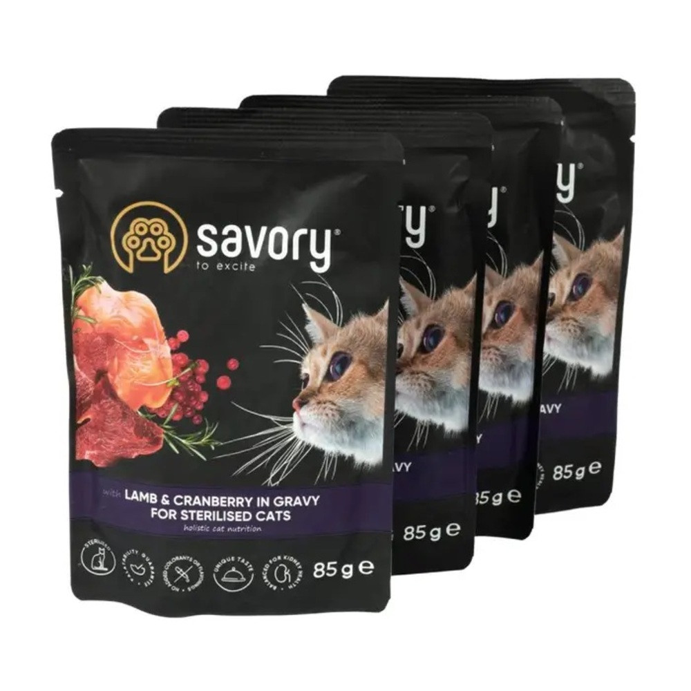 Набір паучів Savory Sterilised Cats with Lamb and Cranberries in Gravy 3+1 Київ - фото 3