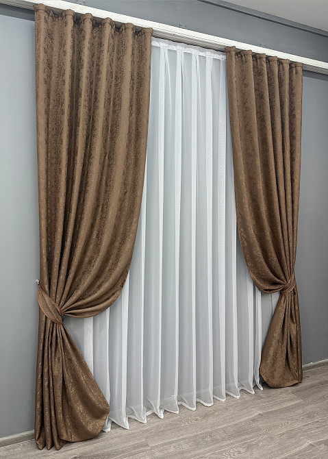 Комплект готовых штор VR-Textil Жаккард Мрамор Al1 № 660ш Коричневый 100х285 см 2 шт (31-750) Киев - изображение 3