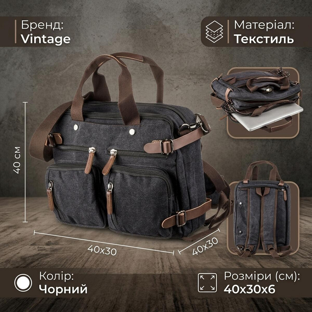 Сумка-трансофрмер текстильна Vintage 20144 Чорна Київ - фото 11