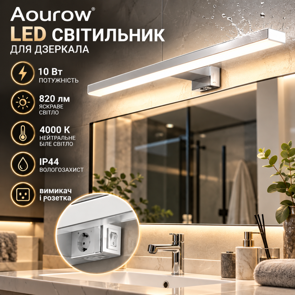 LED світильник для дзеркала Aourow 40 см, 10 Вт, 820 лм, 4000 K, IP44, з вимикачем і розеткою, нейтральне біле світло Київ - фото 1