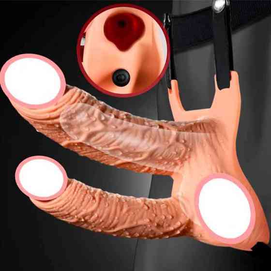 Подвійний порожнистий страпон із вібрацією Lovetoy Vibrating Unisex Hollow Strap On 10 режимів тілесний Вінниця