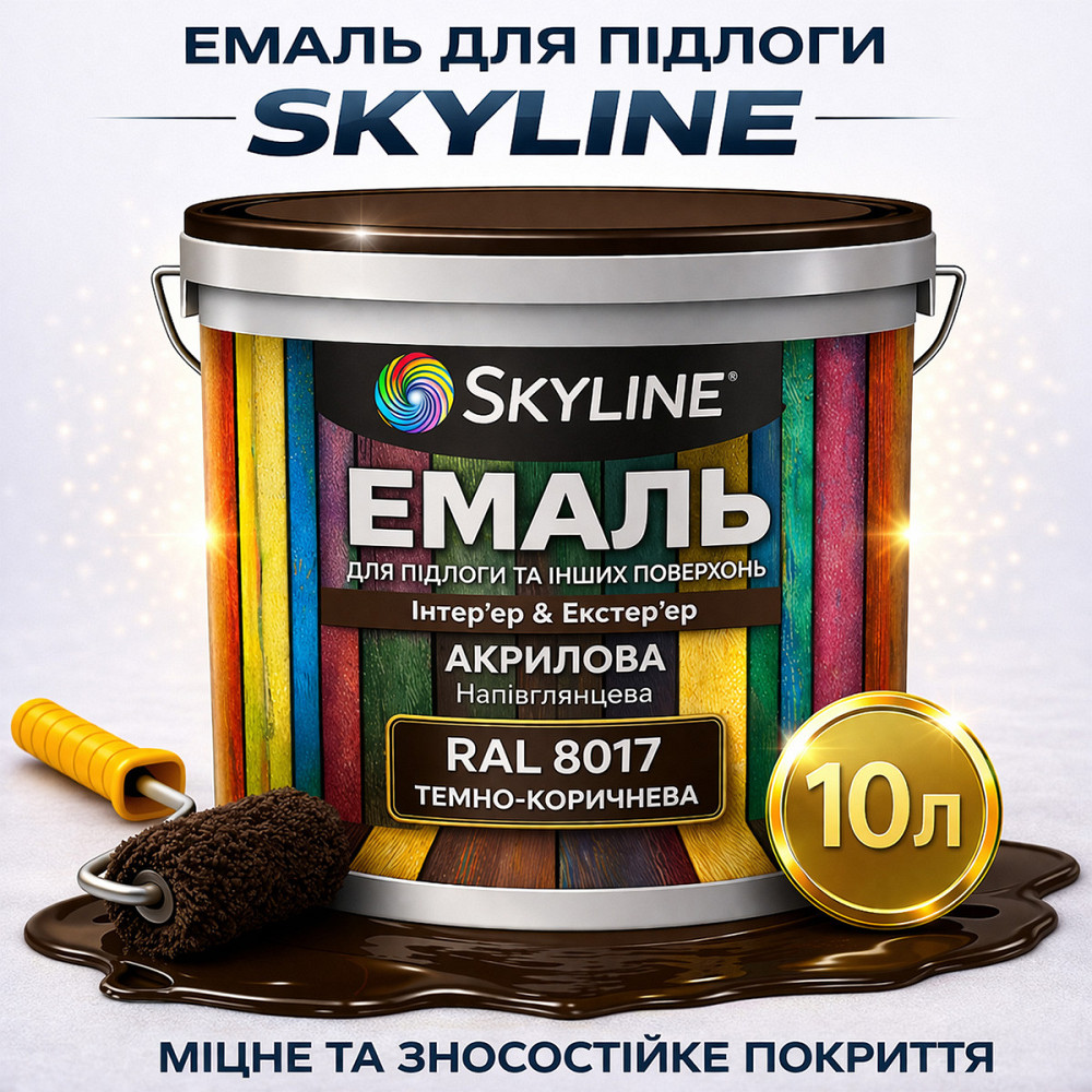 Емаль для підлоги SkyLine RAL 8017 Коричнева, вологостійка, зносостійка, без запаху, для дерева, металу та бетону, 10 л Харків - фото 1