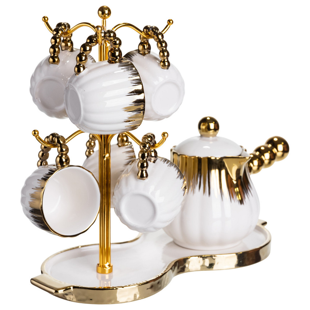 Кофейний сервіз з підставкою, 6 чашок, білий з золотом Київ - фото 3