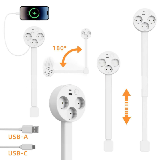 Сетевой удлинитель телескопический,тройник с поворотом на 360° выдвижной на 3 розетки и 2 порта для зарядки USB-A,Type-C, 16А Каменец-Подольский