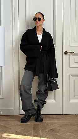 Женский уютный базовый кардиган оверсайз с поясом турецкая вязка ангора Черный Одесса