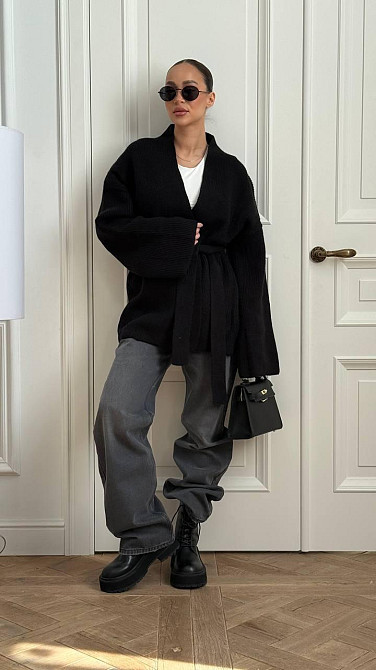 Женский уютный базовый кардиган оверсайз с поясом турецкая вязка ангора Черный Одесса - изображение 3