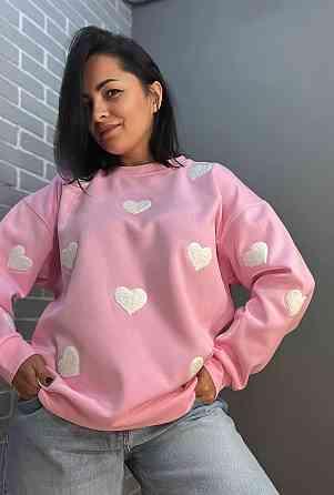 Свитшот женский W 2975 оверсайз махровые сердца one size, розовый, one size Одесса