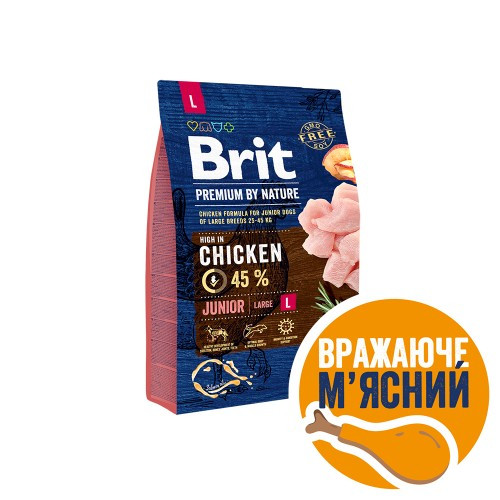 Корм сухой Brit Premium Dog Junior L для щенков и молодых собак больших пород от 1 до 24 месяцев весом 25-45 кг с курицей. Киев - изображение 1