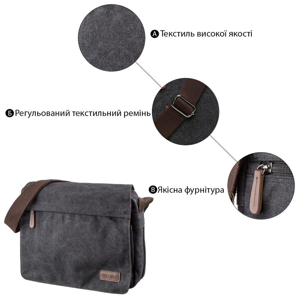 Сумка почтальонка текстильная Черная (Vintage) Киев - изображение 1