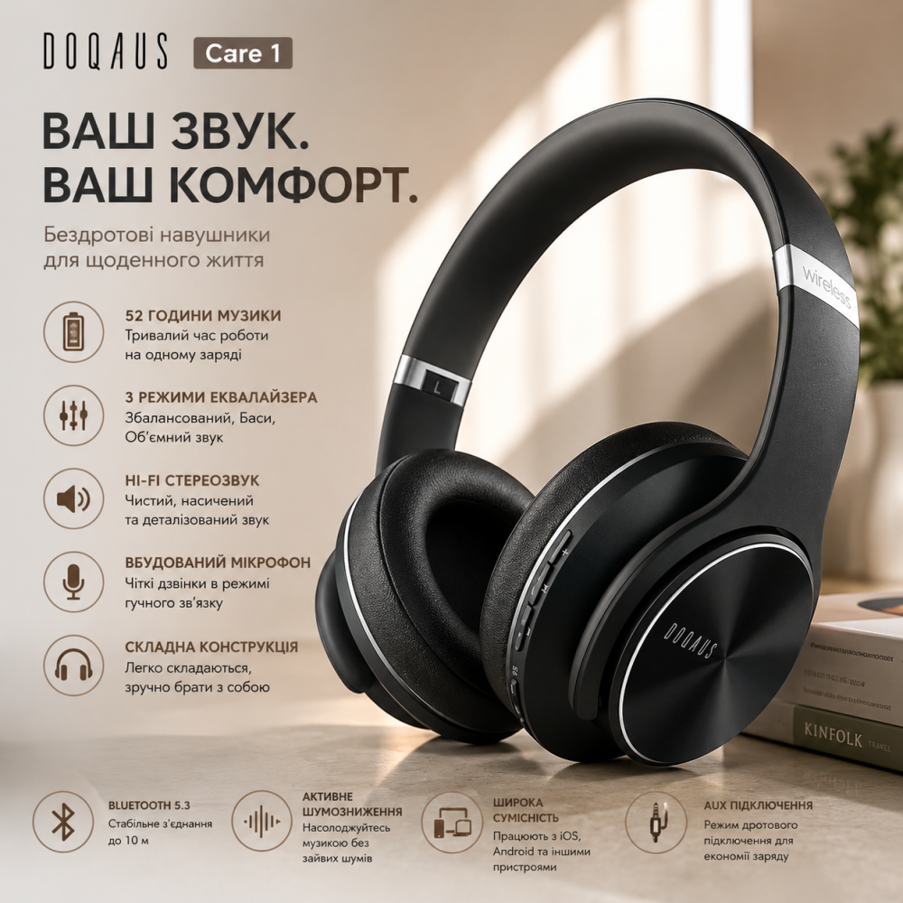Bluetooth-наушники DOQAUS Care 1: 52 часа музыки, 3 режима эквалайзера, Hi-Fi стереозвук и мягкий комфорт Киев - изображение 11
