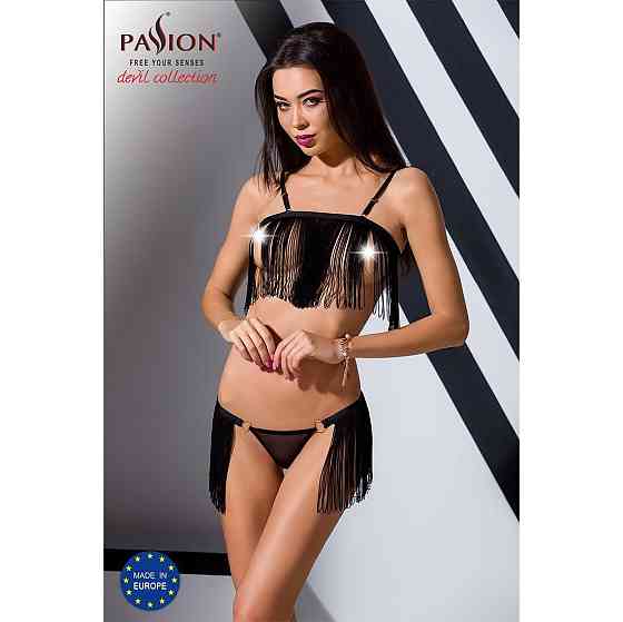 Комплект білизни Passion Exclusive KASSANDRA SET OpenBra L/XL black, ліф з бахроми, трусики-спідниця Sex Aura Київ