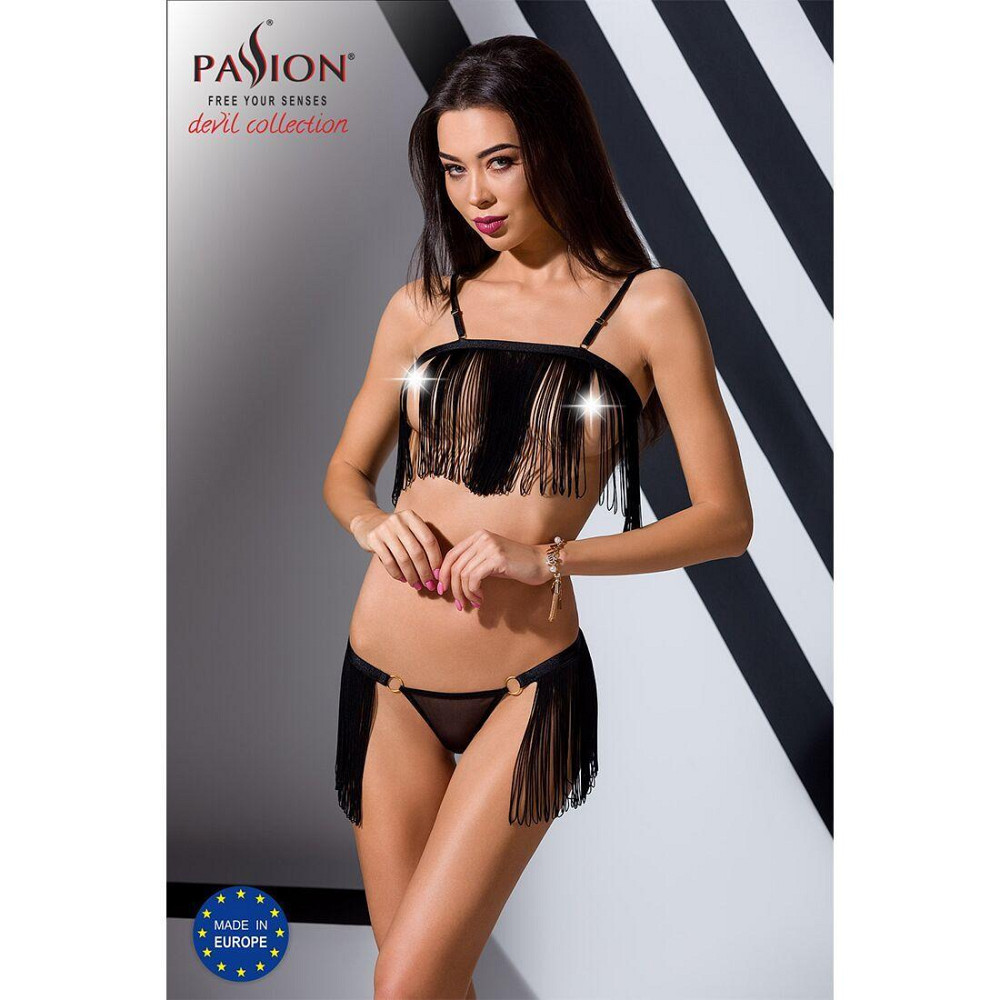 Комплект білизни Passion Exclusive KASSANDRA SET OpenBra L/XL black, ліф з бахроми, трусики-спідниця Sex Aura Київ - фото 4