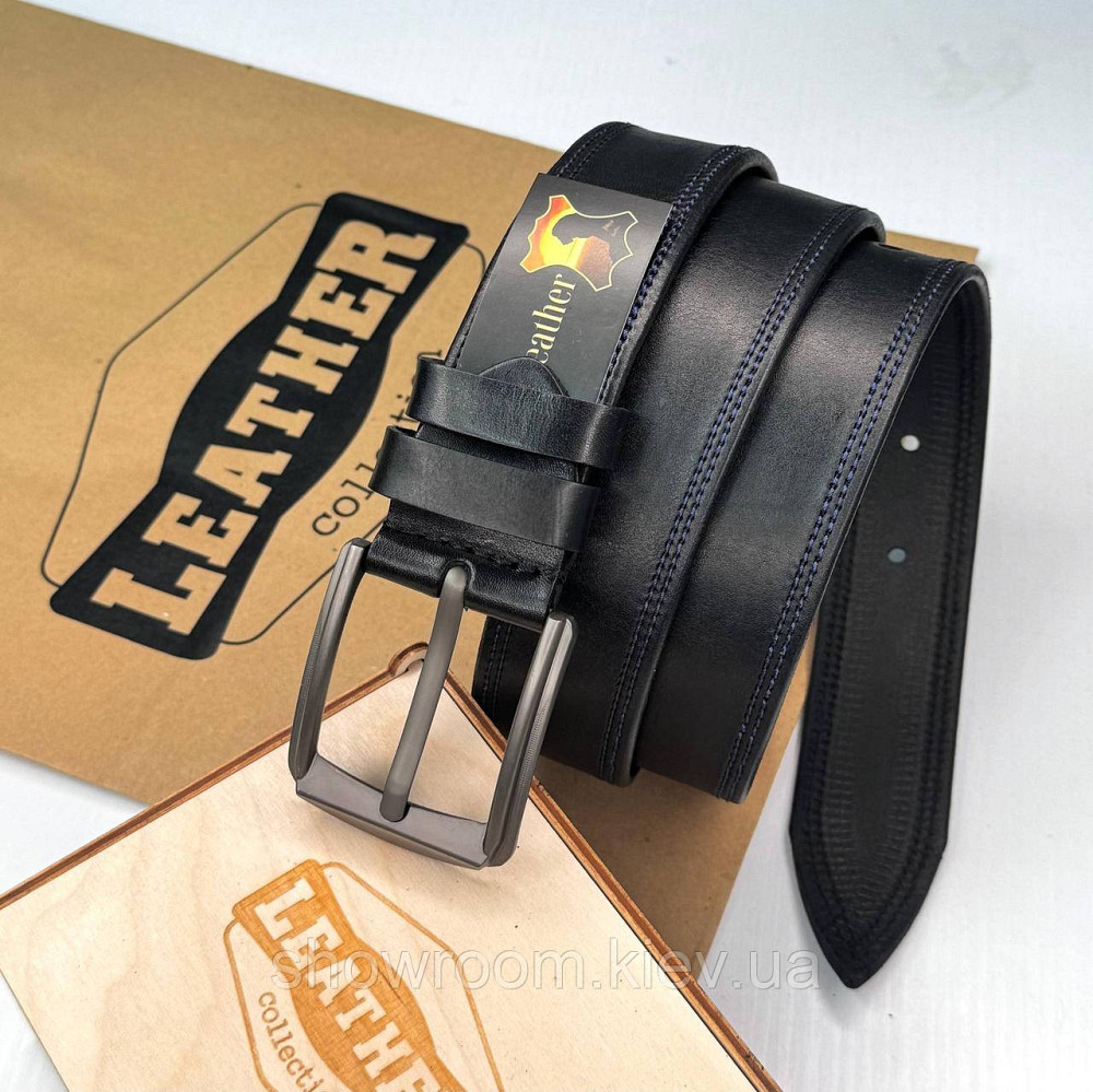 Стильный мужской кожаный ремень Leather Collection с синей отделкой (7817-1) Киев - изображение 1