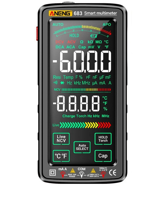 Мультиметр тестер Aneng 683 сенсорный с встроенным аккумулятором AC/DC 10A/1000V с NCV и True RMS (Черный) Винница - изображение 1