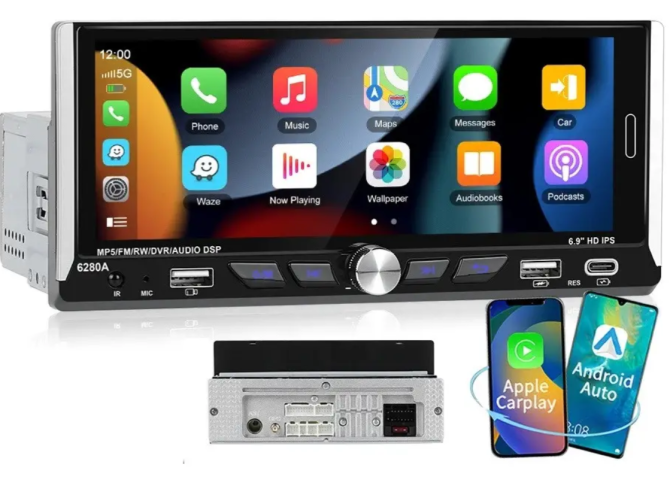 Автомагнитола ANDROID 1DIN 6280A 2+32GB с Carplay, GPS, Wi-Fi, Bluetooth, IPS 6.9