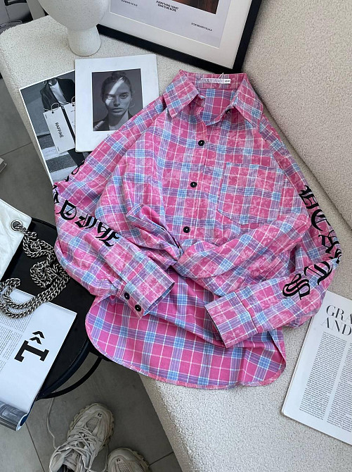 Женская стильная оверсайз рубашка в клетку турецкая фланель Розовый Одесса - изображение 7