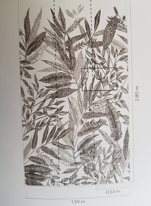 Шпалери вінілові Grandeco One roll one motif 1.59x2.8 панно мурал листя чорне на білому Київ - фото 3