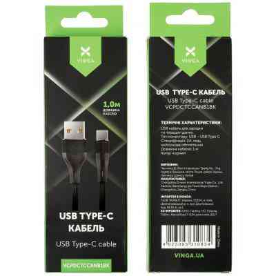 Дата кабель USB 2.0 AM to Type-C 1.0m cylindric nylon back Vinga (VCPDCTCCANB1BK) Вінниця