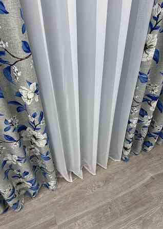Шторна тканина льон з квітковим принтом, колекція "Прованс" колір світло-сірий з синім 1725ш Київ