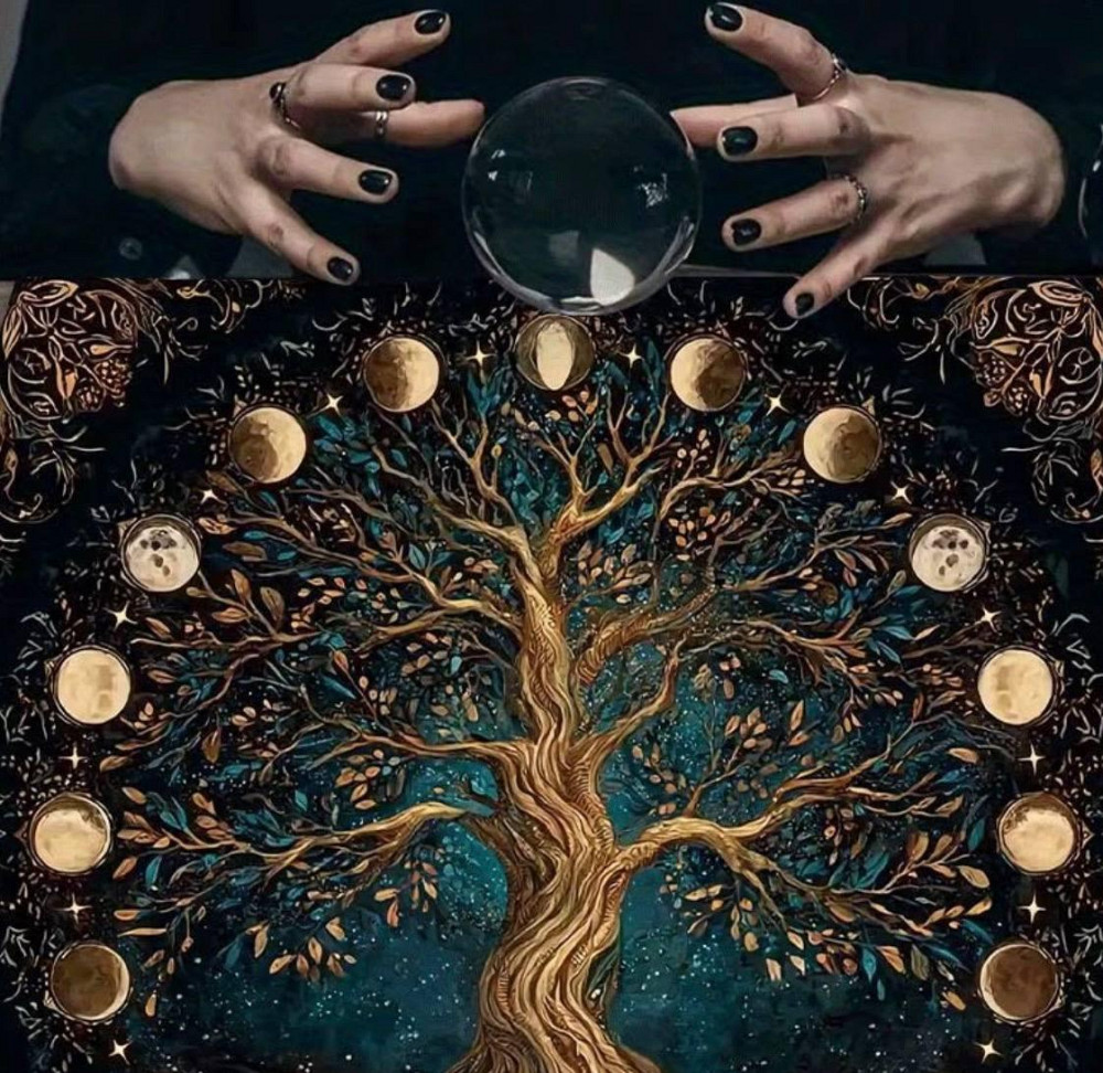 Скатертина для таро Дерево життя, алтарне полотно з фазами місяця, тканина для ворожіння 75×75 см Київ - фото 3