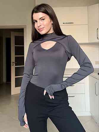 Жіночий стильний боді-двійка: боді та топ із довгим рукавом під горло мікродайвінг Графіт, 46/48 Одеса