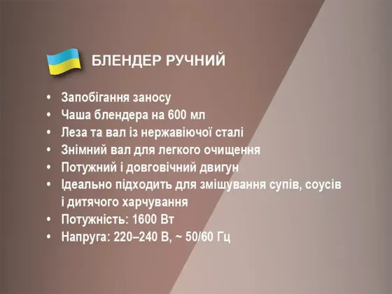 Ручной блендер с чашей 600 мл, 1600 Вт, 1 скорость, лезвие из нержавеющей стали BITEK BT-346W Одесса