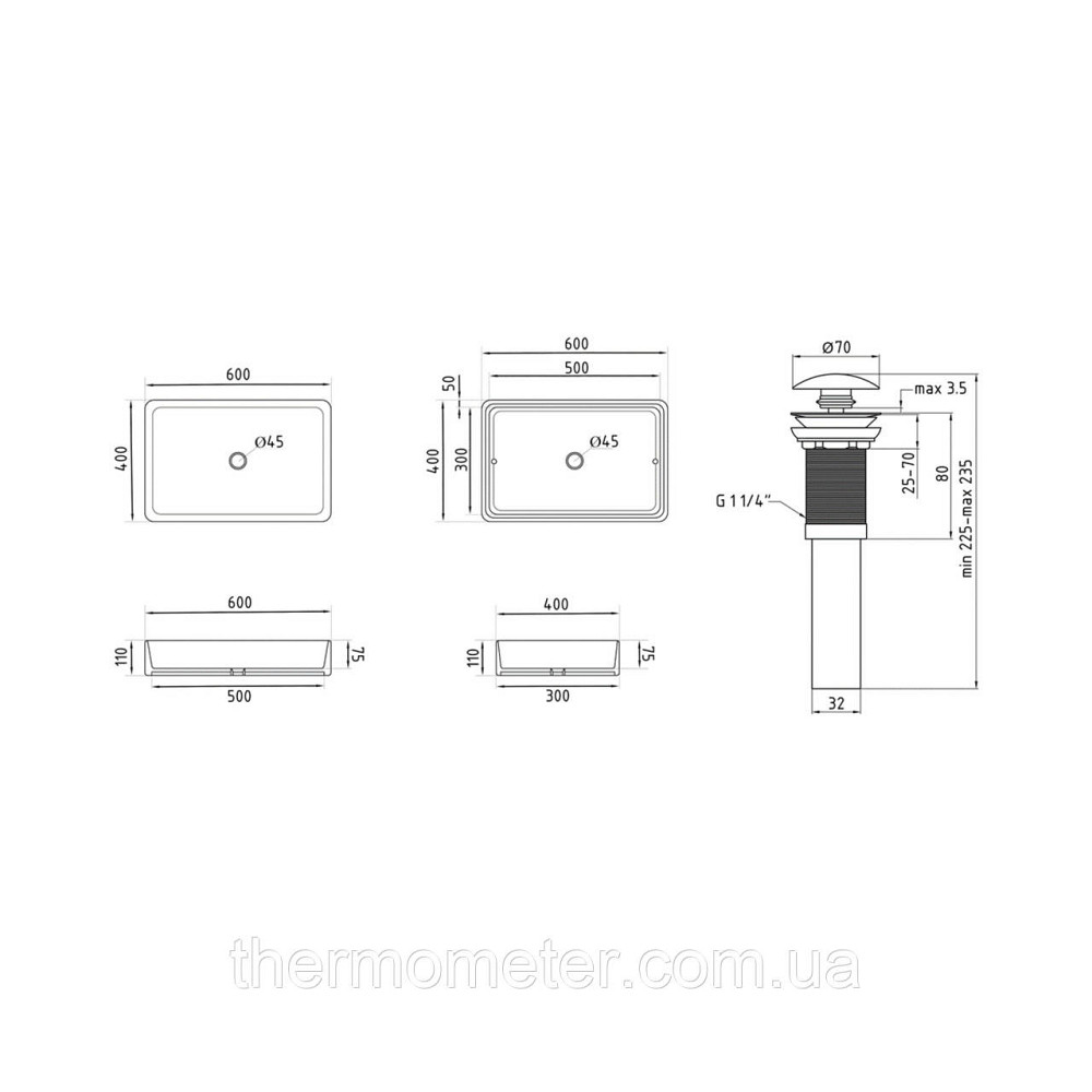 Комплект Qtap Tern: Раковина накладная прямоугольная 600x400x110 мм WHITE + Донный клапан PU02 Киев - изображение 15