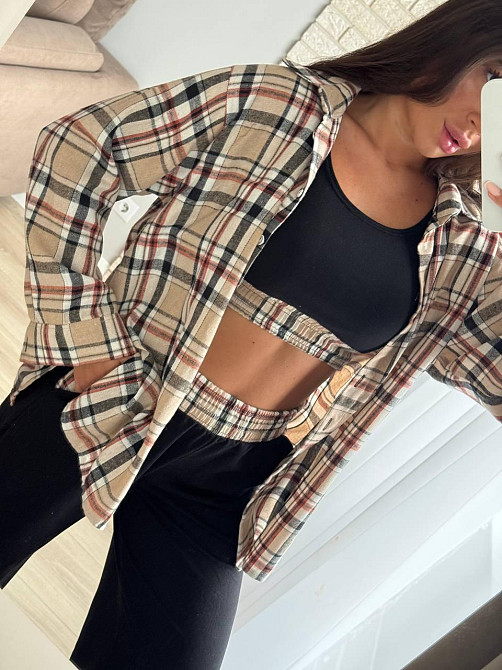 Женский прогулочный костюм тройка: рубашка в клетку топ и штаны фланель + двунитка Одесса - изображение 3