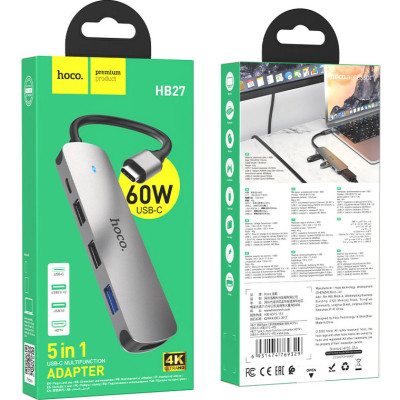 Концентратор HOCO USB-C to HDMI+USB3.0+2xUSB2.0+PD HB27 Metal Gray (6931474769329) Винница - изображение 4