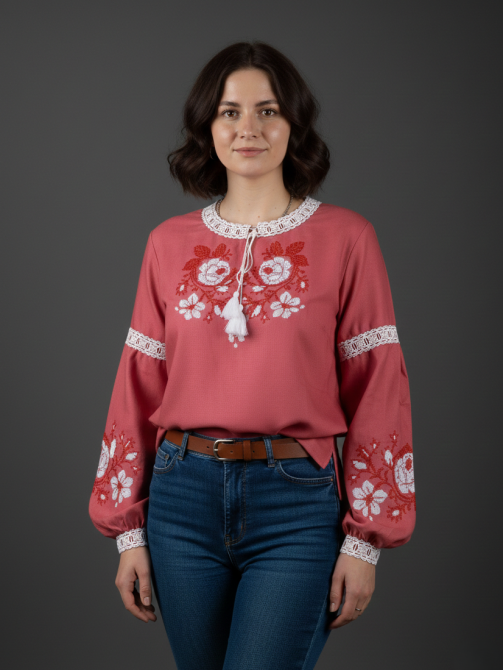 Жіноча вишиванка на доматканному полотні з квітами в червоних тонах 54 Київ - фото 1