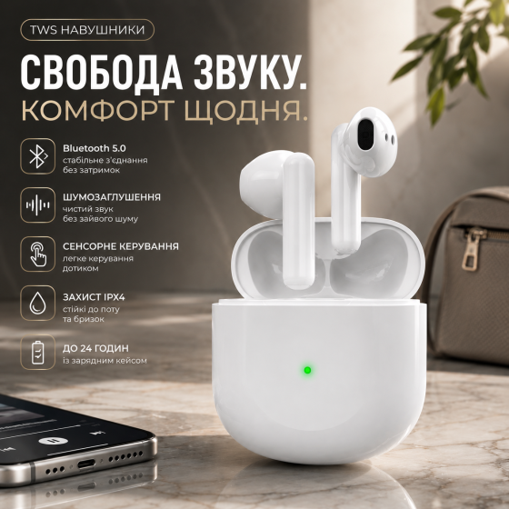 Бездротові Bluetooth 5.0 навушники ATWATEC TWS з шумозаглушенням, сенсорним керуванням, IPX4, до 24 годин, білі Київ