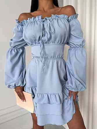 Женское стильное мини платье с воланами креп костюмка Голубой, 44/46 Одесса