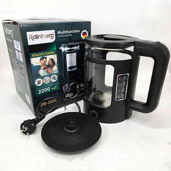 Електрочайник Rainberg RB-2220 скляний дисковий прозорий. Чайник із підсвічуванням 2200W. Колір: чорний NH-48 Львів