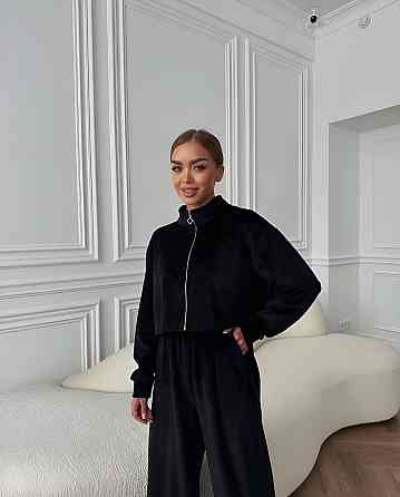 Жіночий прогулянковий плюшевий костюм-двійка: кофта та штани Чорний, 42/46 Одеса